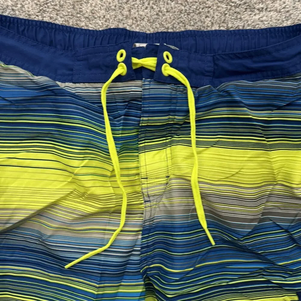 Nike Swim Trunks Mens Large Blue Yellow Striped Board Shorts Pocket Polyester